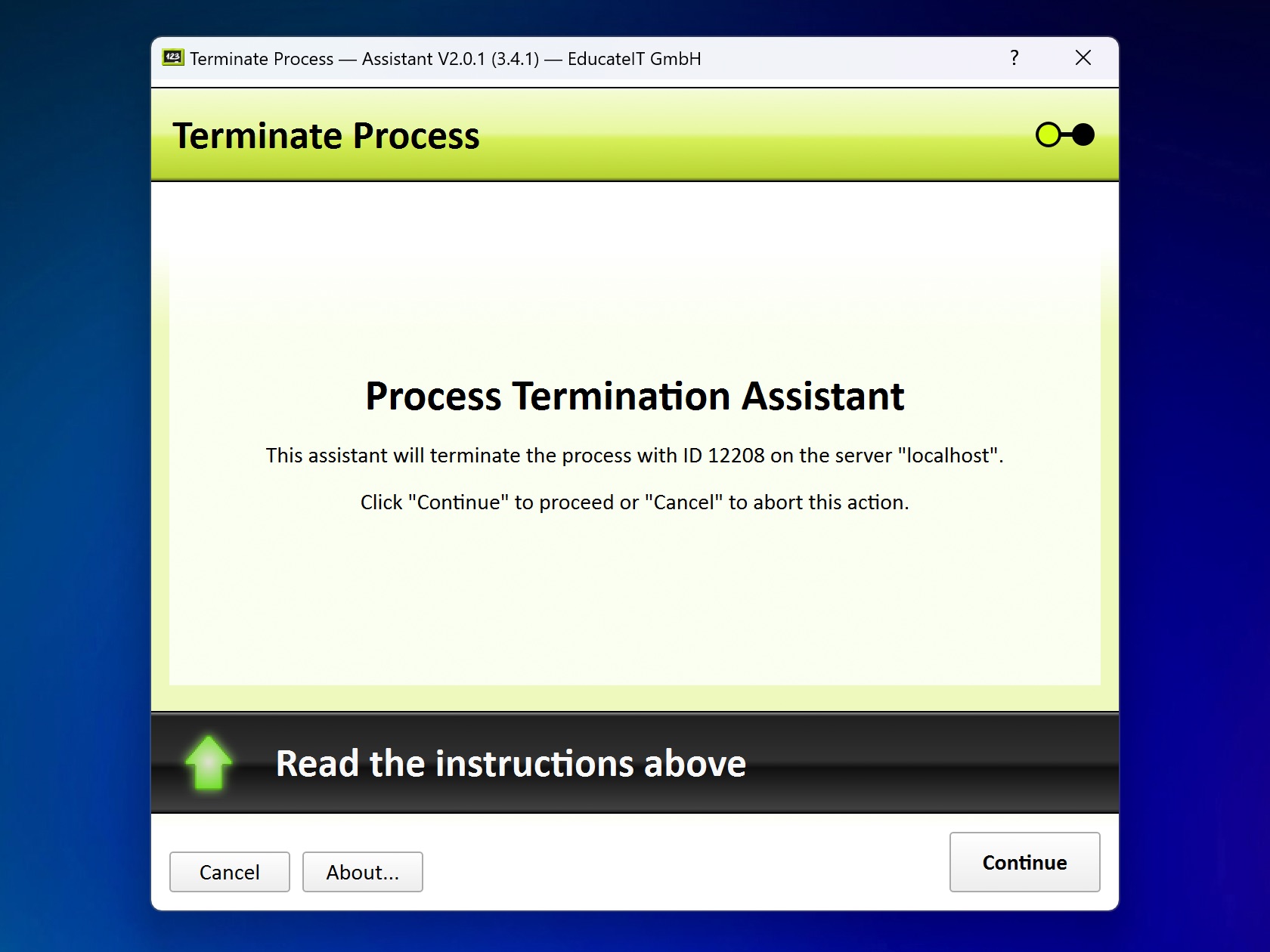 Startseite des "Prozess Beenden"-Assistenten.